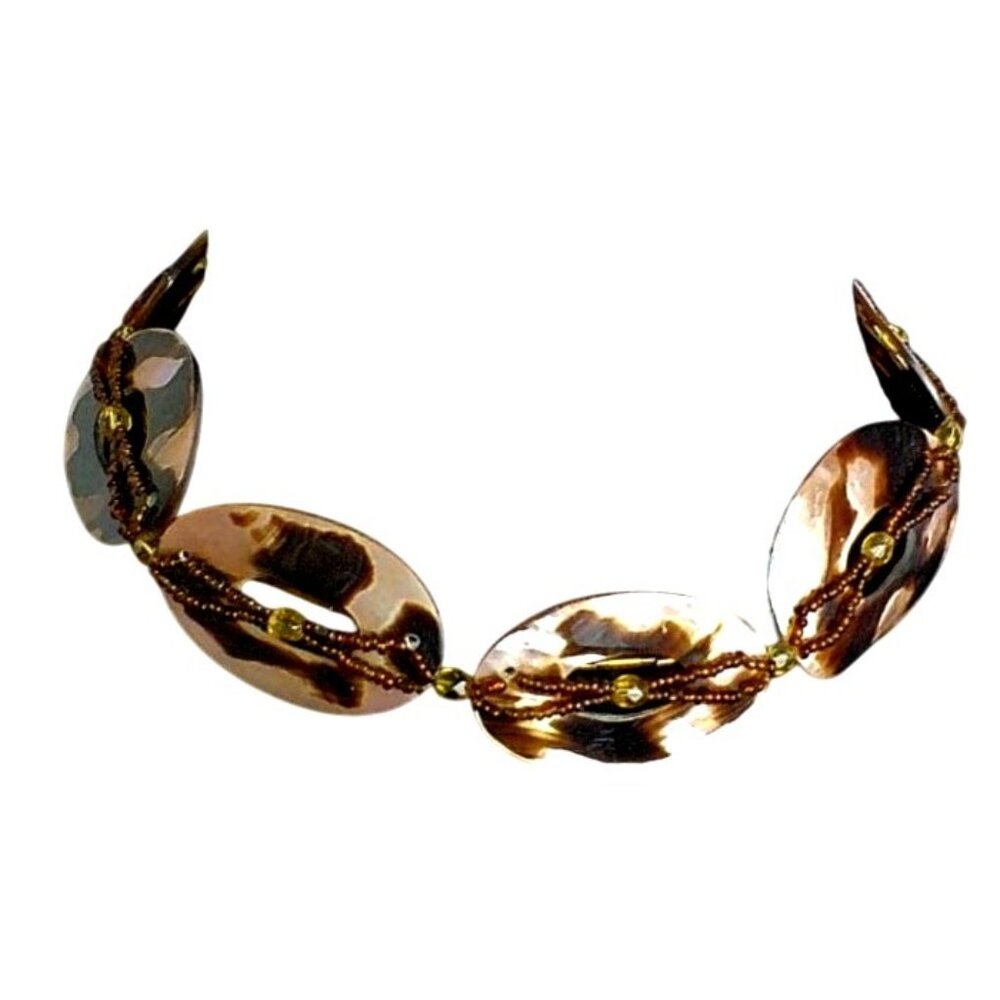Vintage Brown Lip Tiger Shell & Glass Beaded Choker Necklace Adjustable